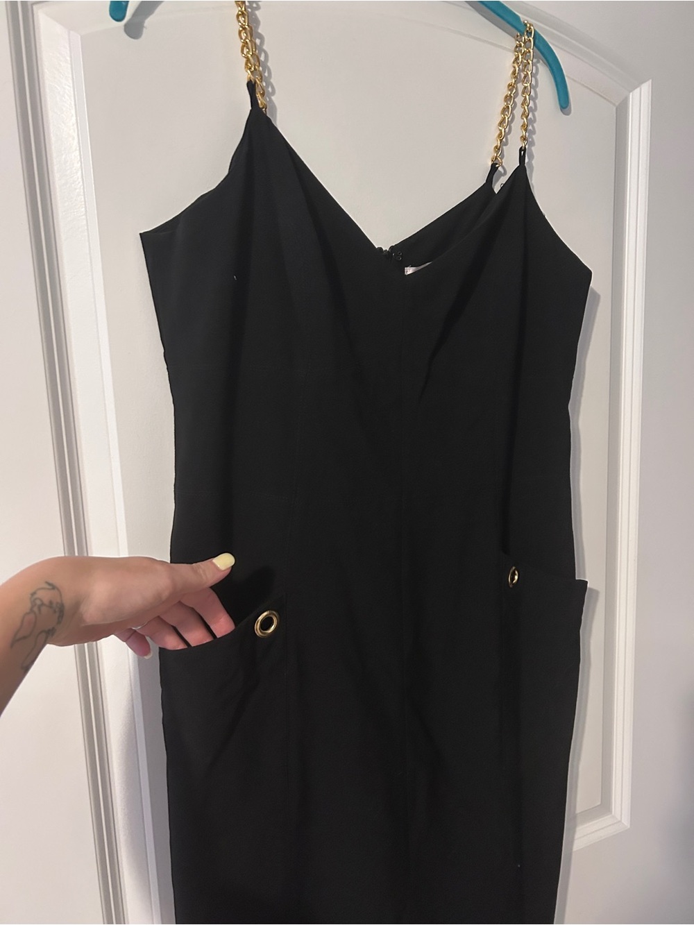 WD.NY Black Mini Dress with Gold Chain Straps